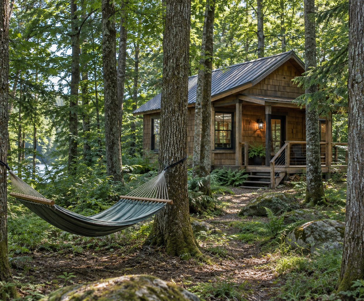 Woodland cabin with a hammock