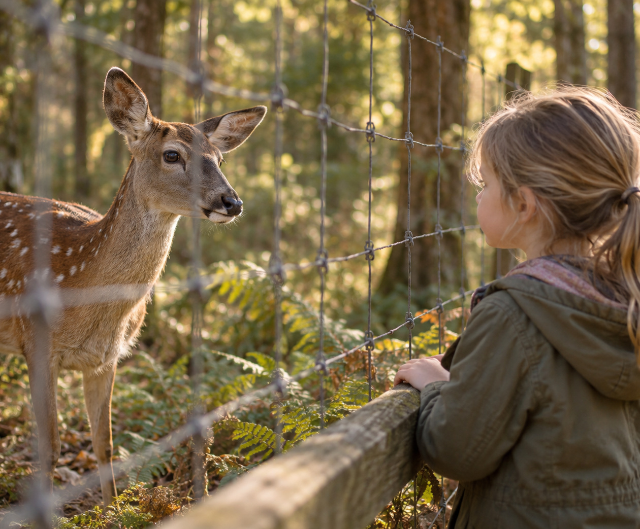 Child looking at deer through a wire fence