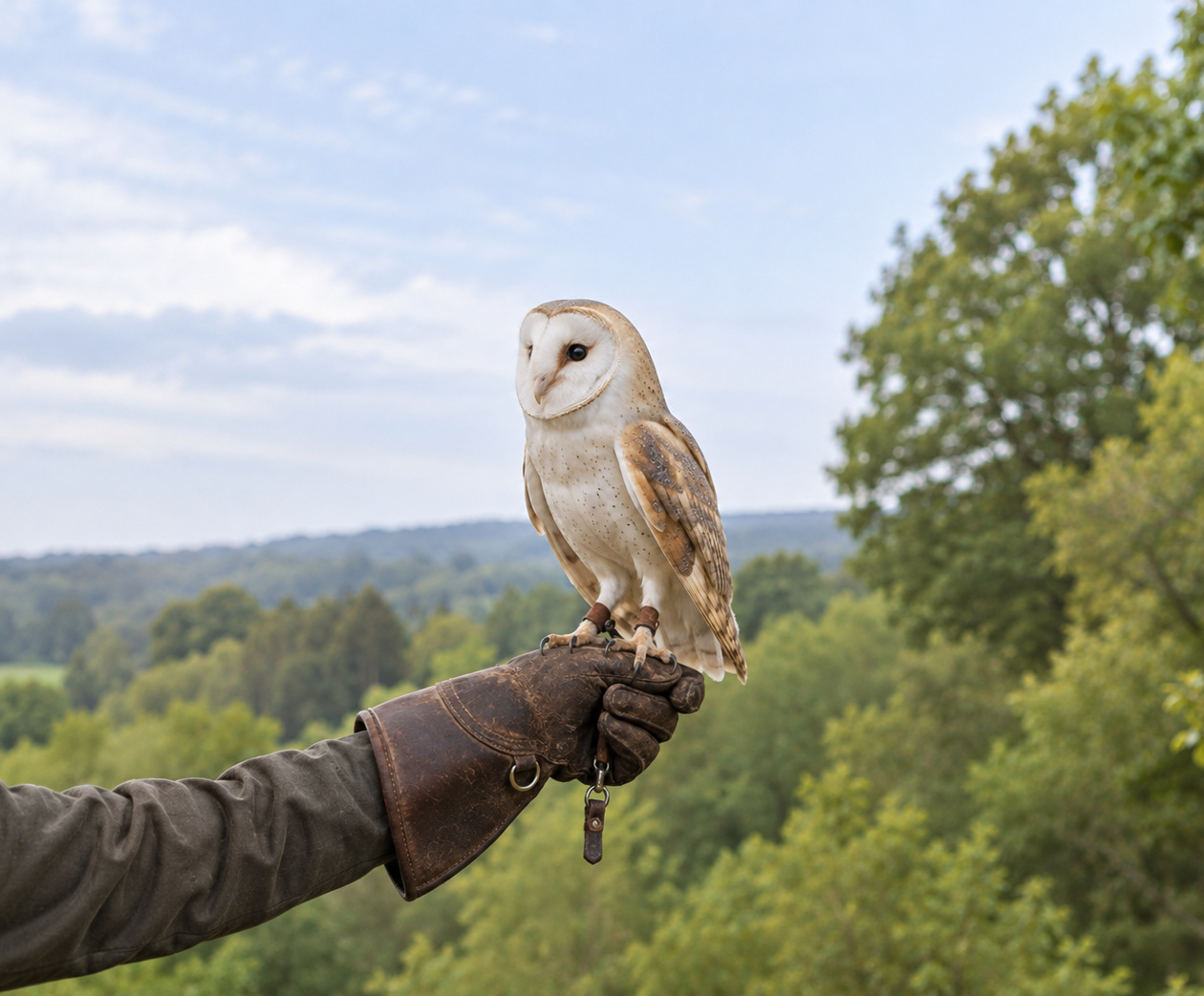 Barn owl standing on a protective glove