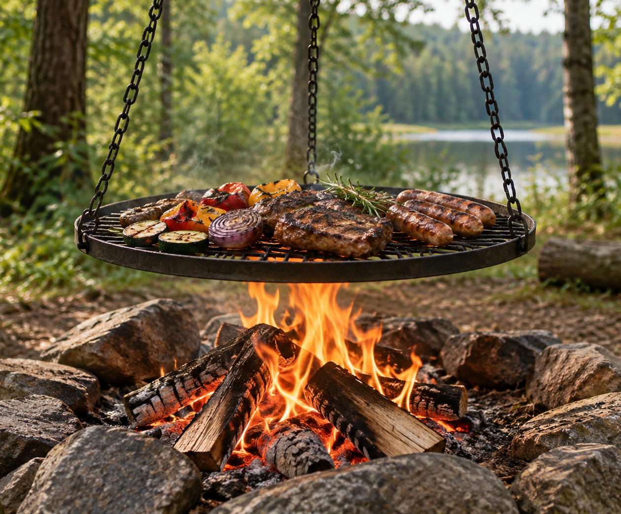 Suspended meat grill above open fire