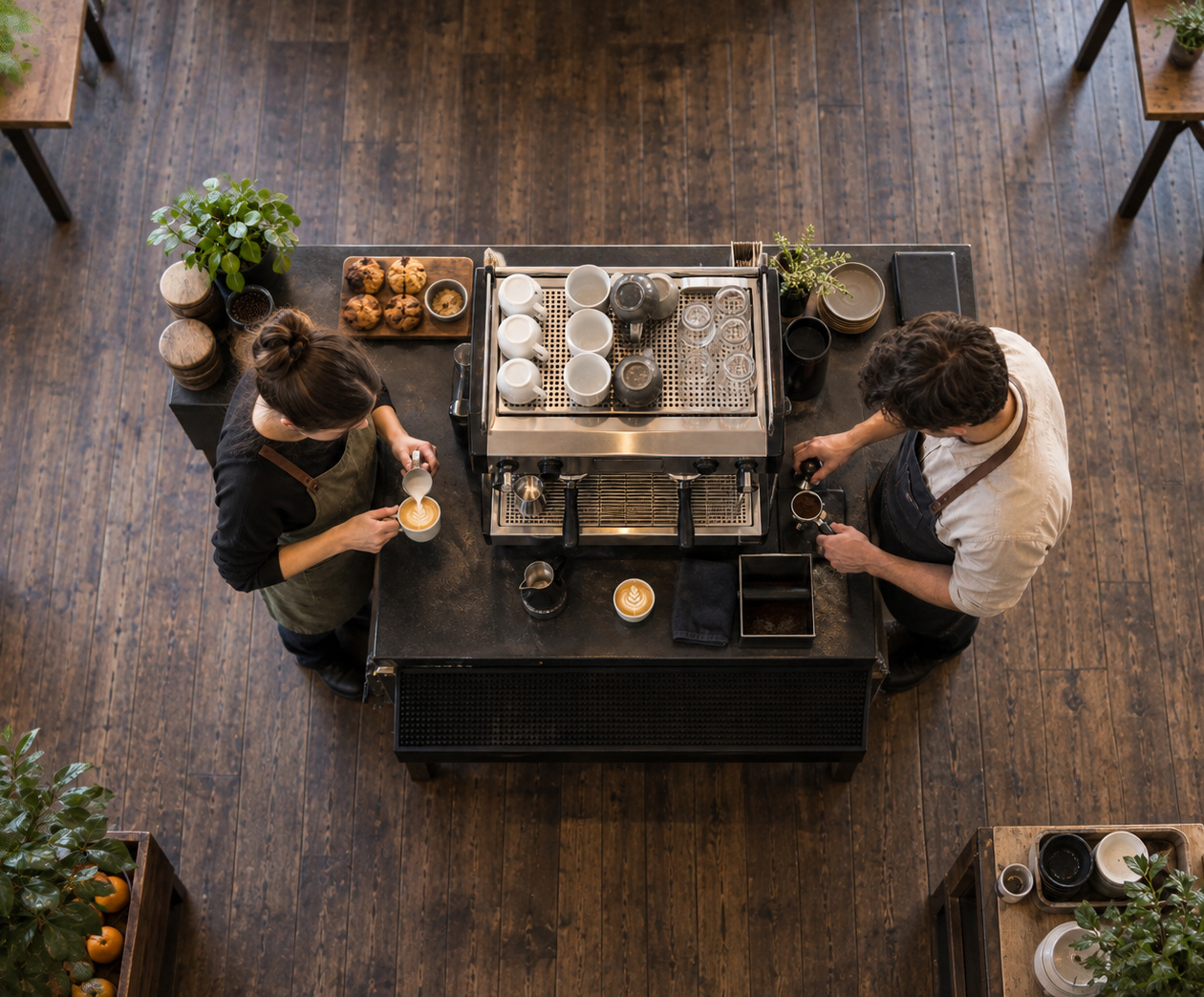 Baristas working around a coffee machine