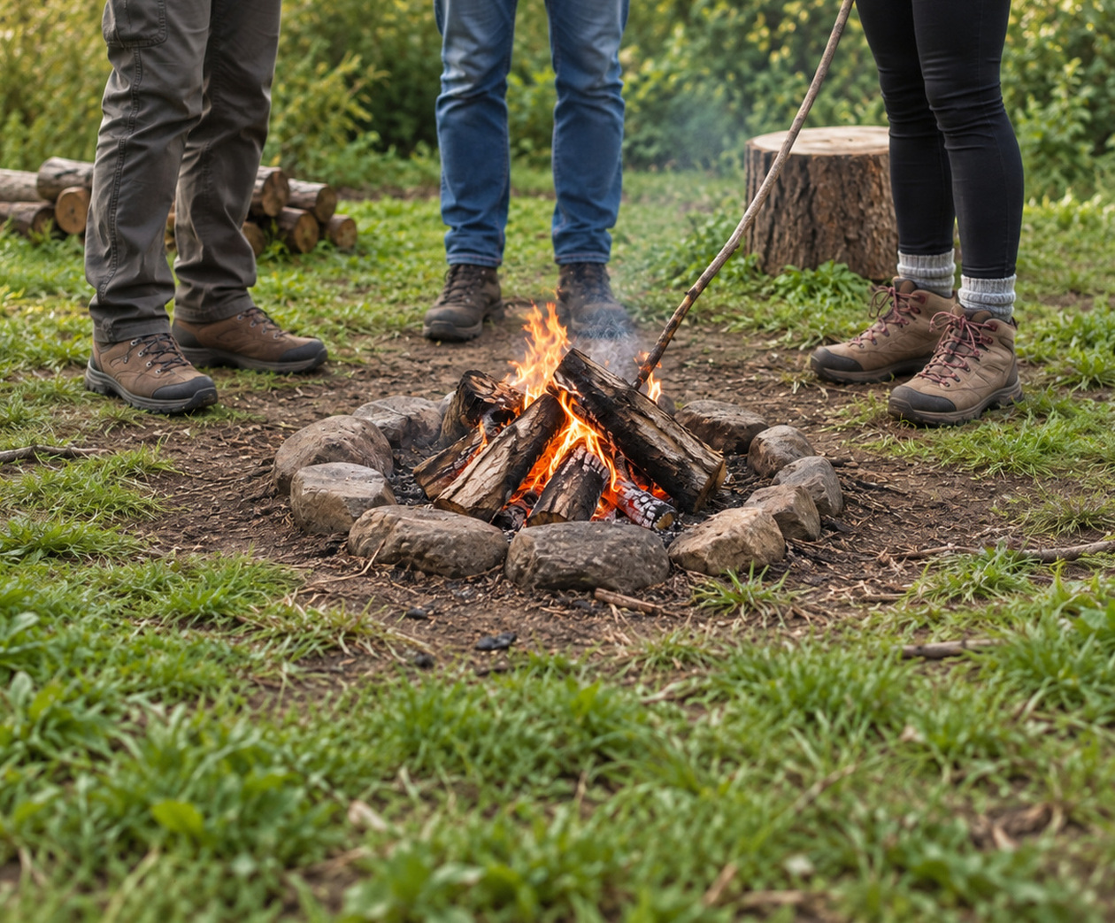 A small group gathered around the woodland fire circle
