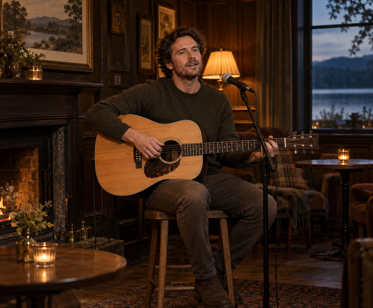 A fictional adult sings and plays acoustic guitar in a warmly lit timber lodge.