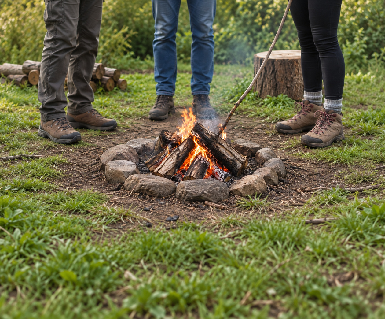 Group tending a low fire outdoors