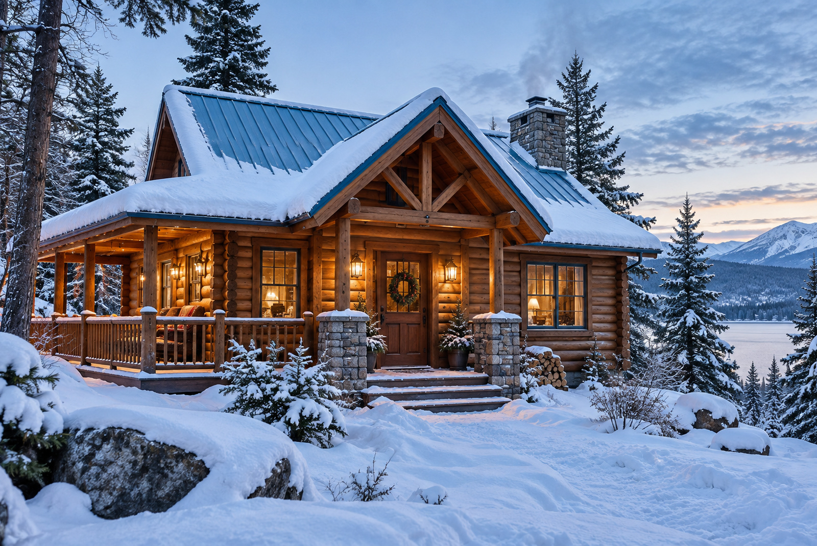 A timber cabin with snow on its roof and porch