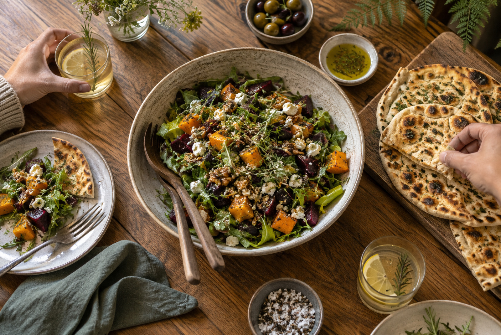 Salad and flatbreads shared on a timber table