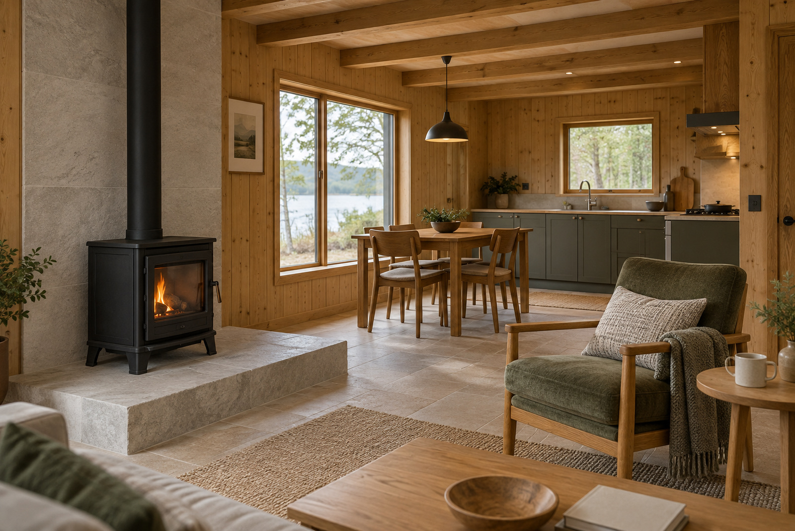 A timber cabin living room with a wood stove, dining table and compact kitchen
