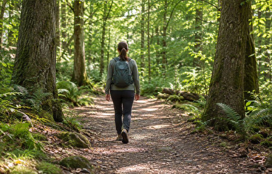 Backpack wearer on a shaded woodland path