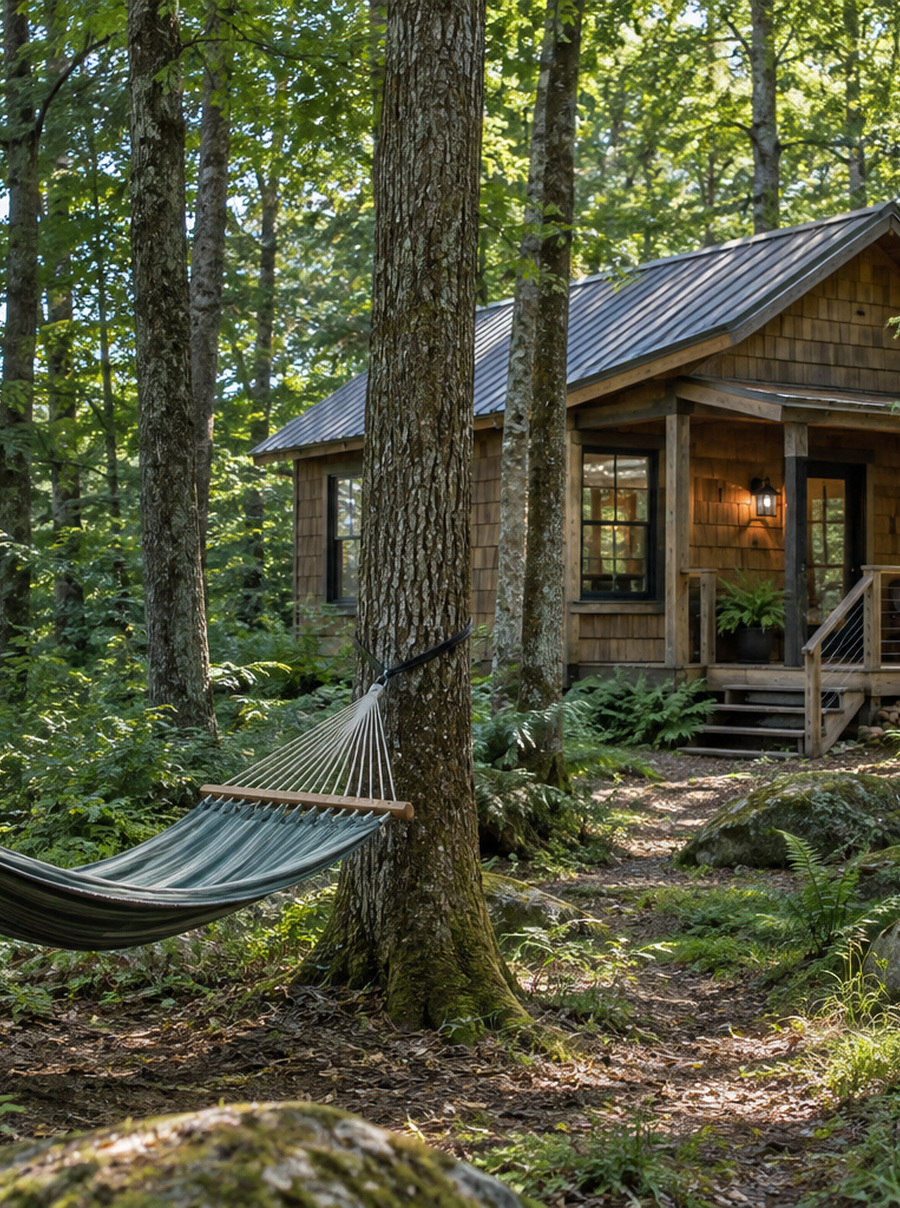A woodland cabin among trees