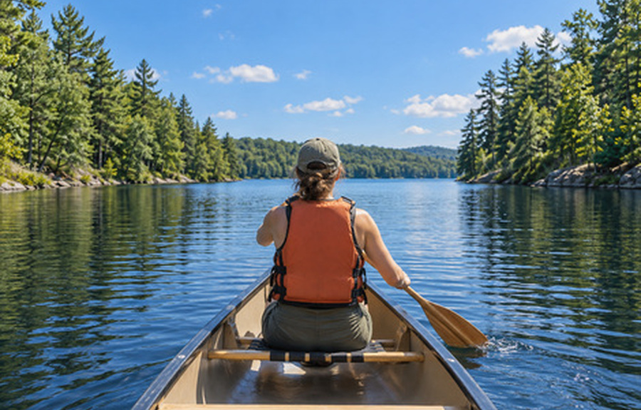 A paddler seen from behind in a canoe on the lake