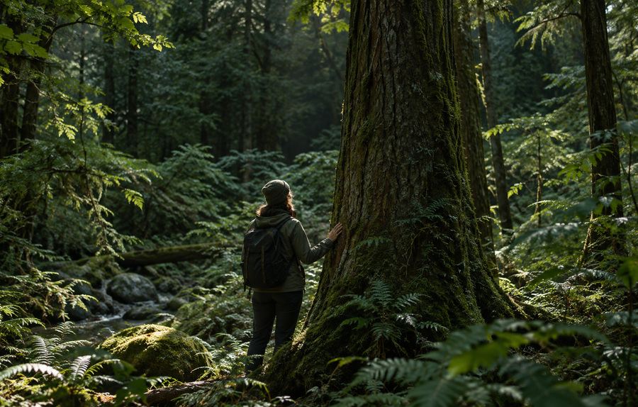 A visitor pausing beside a tree on a woodland path
