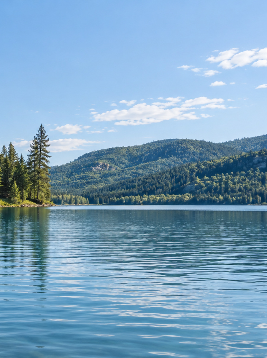 Open water and a wooded shore in Merefold Valley