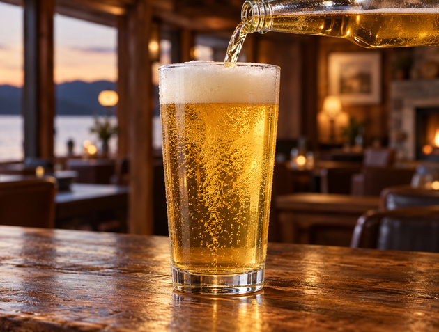 Golden beer with foam is poured into a tall clear glass.