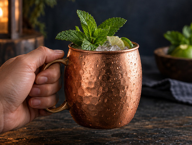 A copper mug drink with citrus, mint and ice