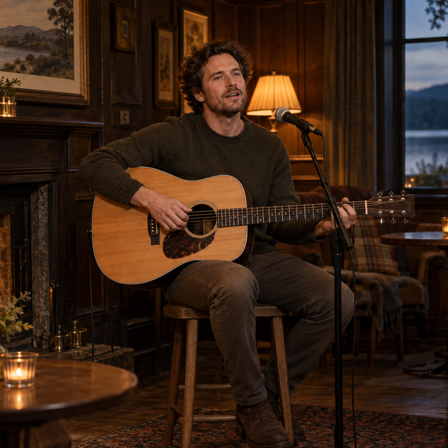 A fictional adult sings and plays acoustic guitar in a warmly lit timber lodge.