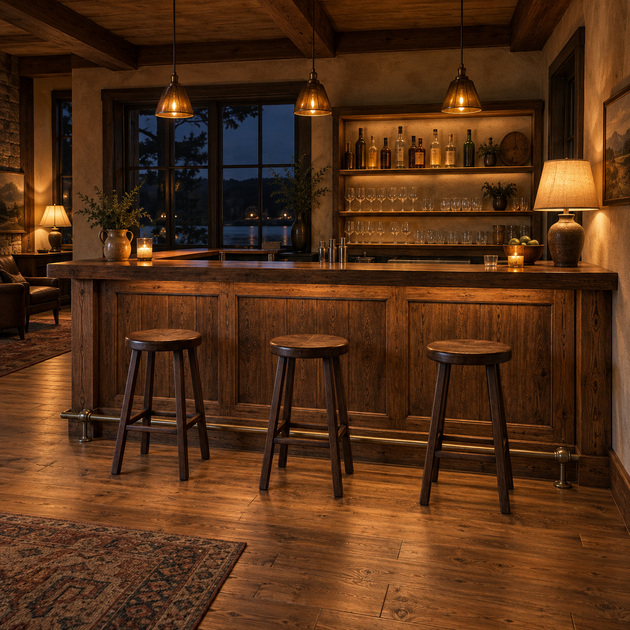 An empty timber bar counter and three wooden stools in warm evening light.