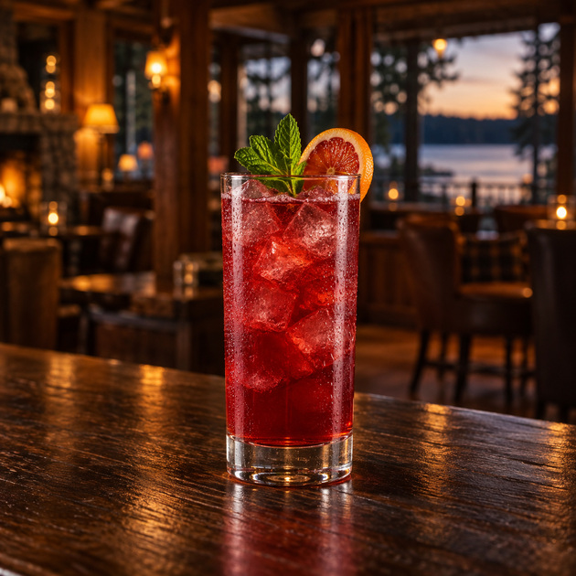 A tall ruby-red drink with citrus and mint on a wooden bar.