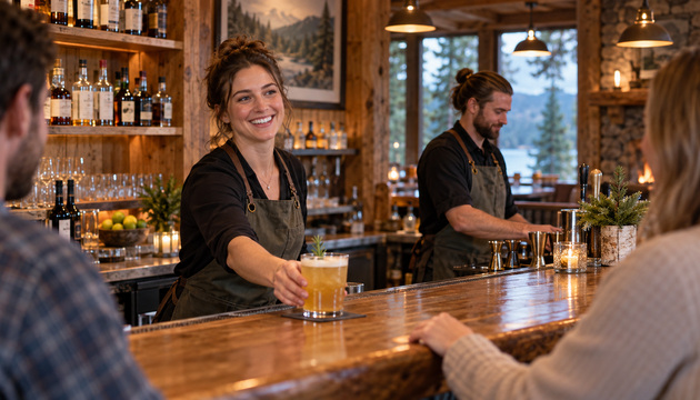 A bartender serving a guest at the timber counter