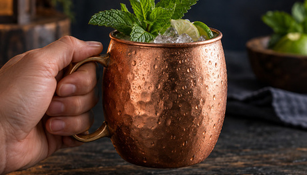 A copper mug cocktail with mint held beside the timber bar