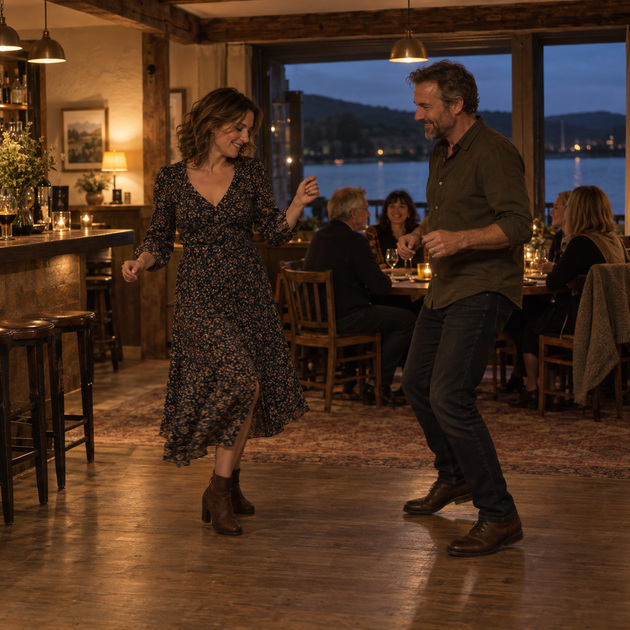 Two adults enjoying a gentle dance in a warm timber-lined bar