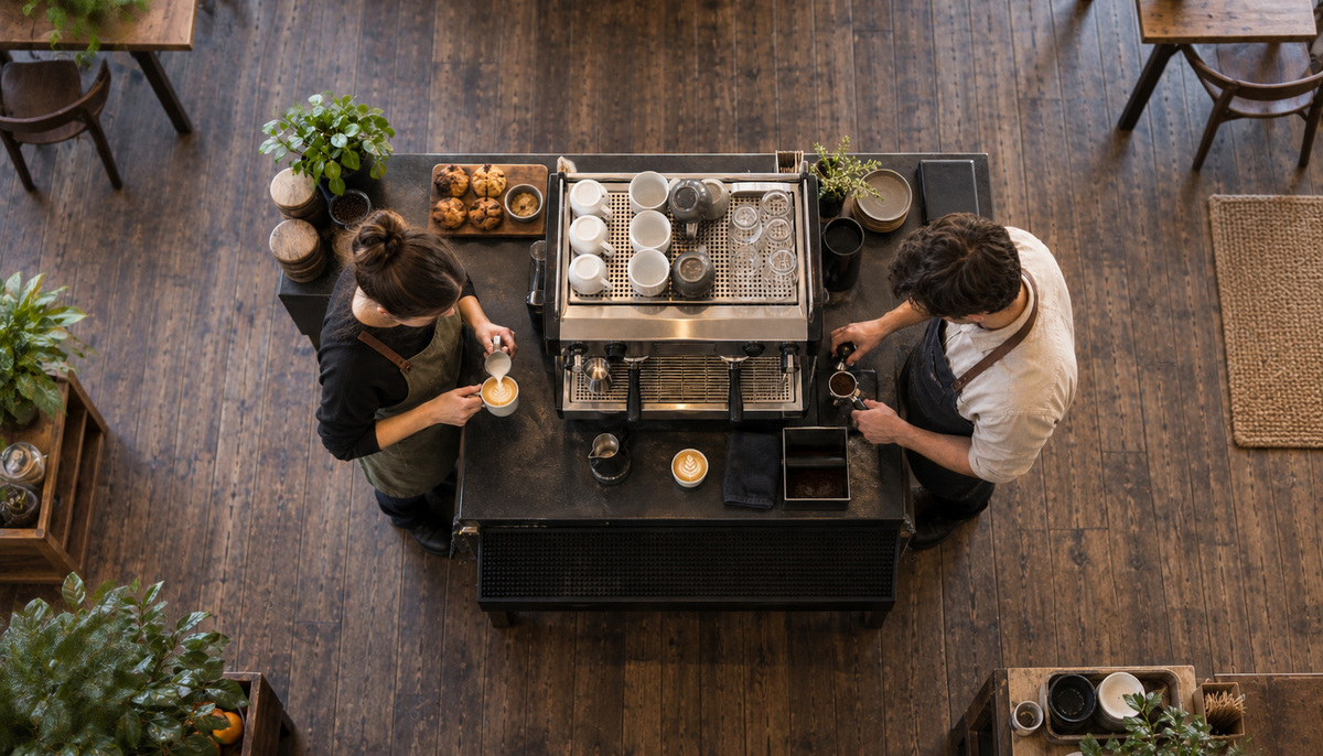 Two cafe staff working around an espresso machine