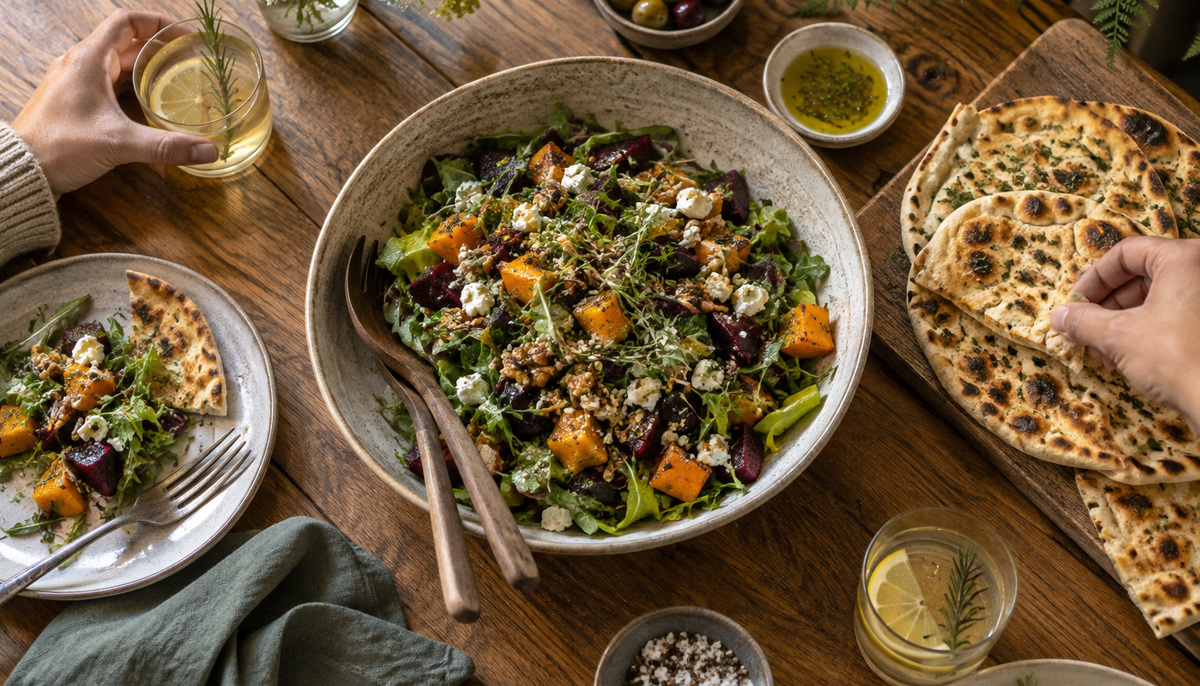 Seasonal salad and flatbread shared at a timber table