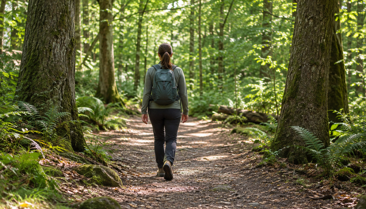 A backpack wearer following a shaded woodland path