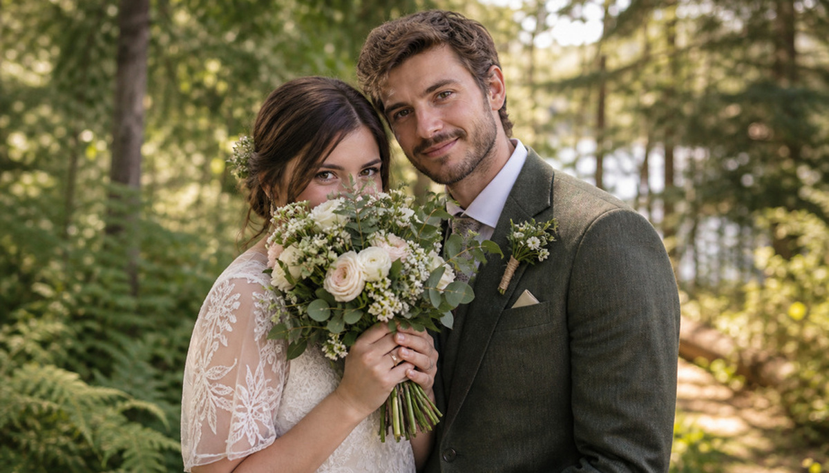 A fictional wedding couple with a bouquet in the woodland
