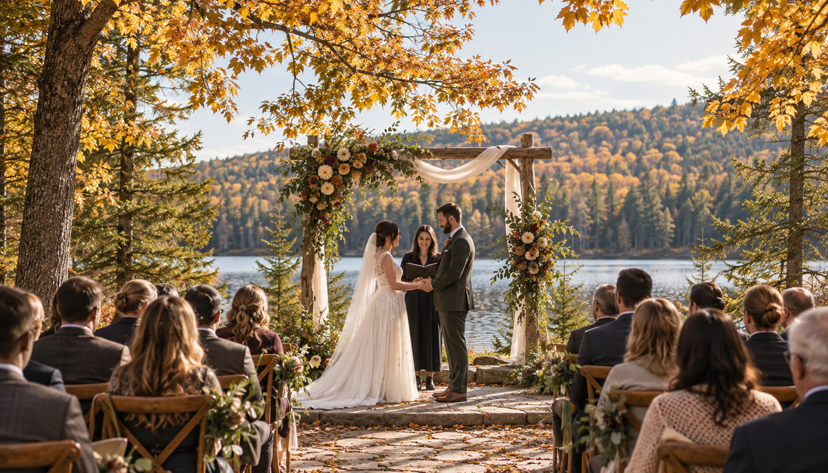 An outdoor wedding gathering beneath autumn trees