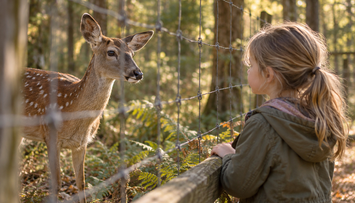 Child viewing a deer through a fence