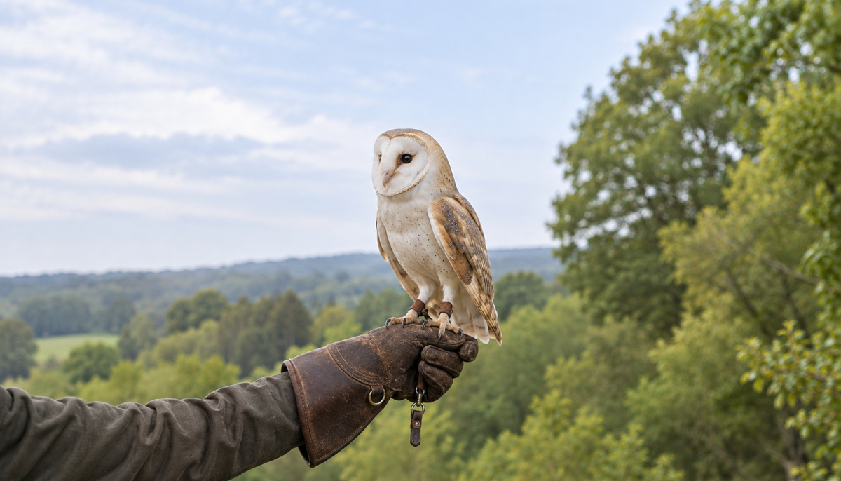 A barn owl perched on a handler's protective glove