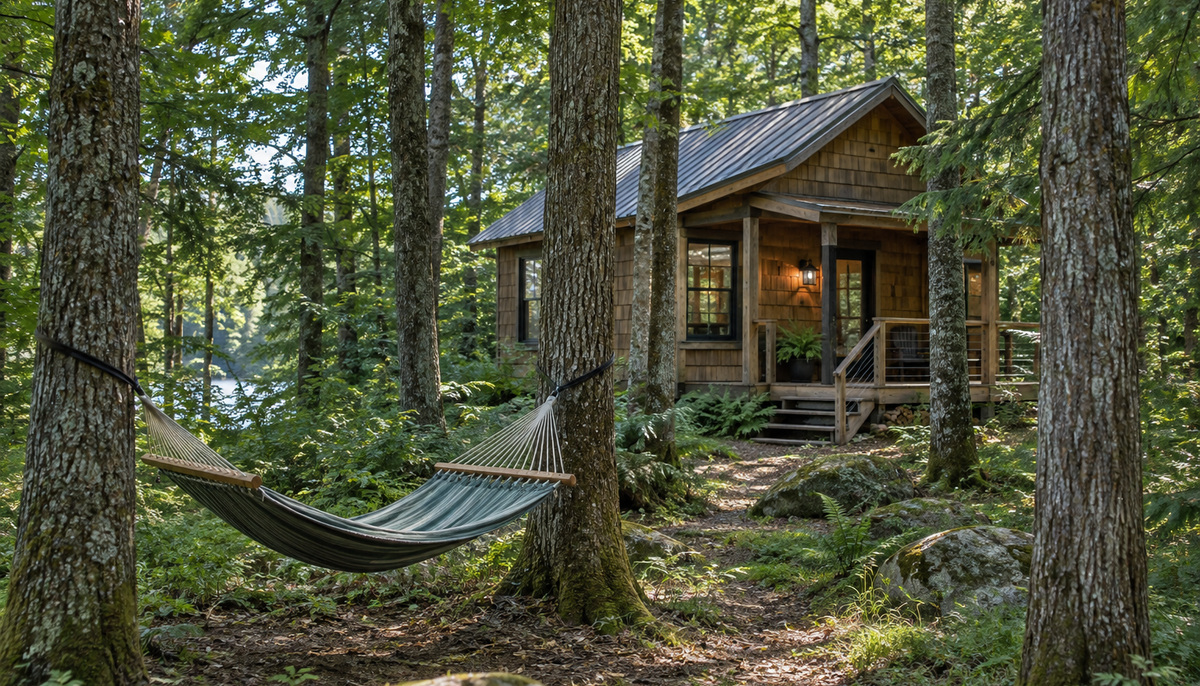 A modest timber cabin beside a woodland hammock