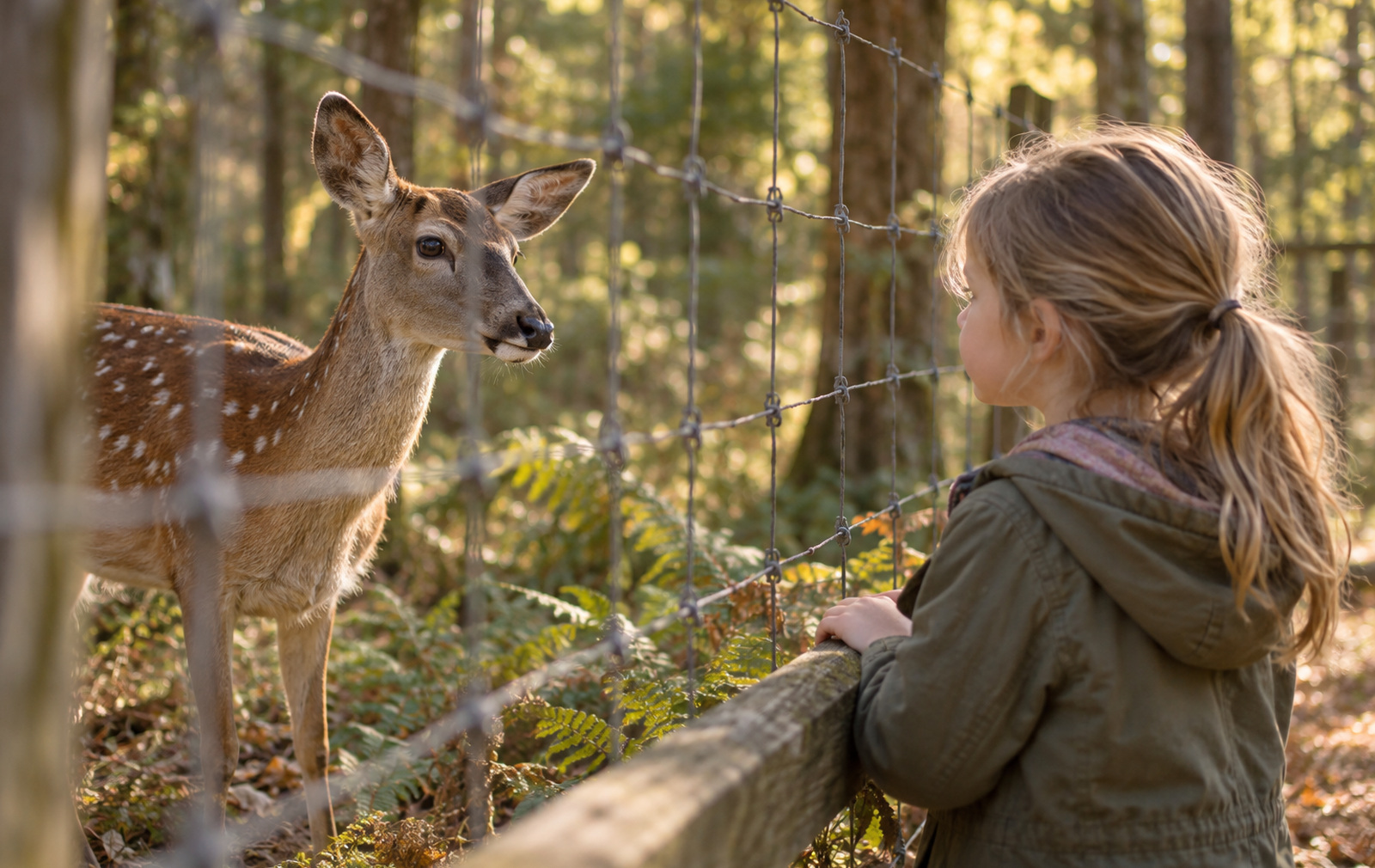 Child watching deer through a fence