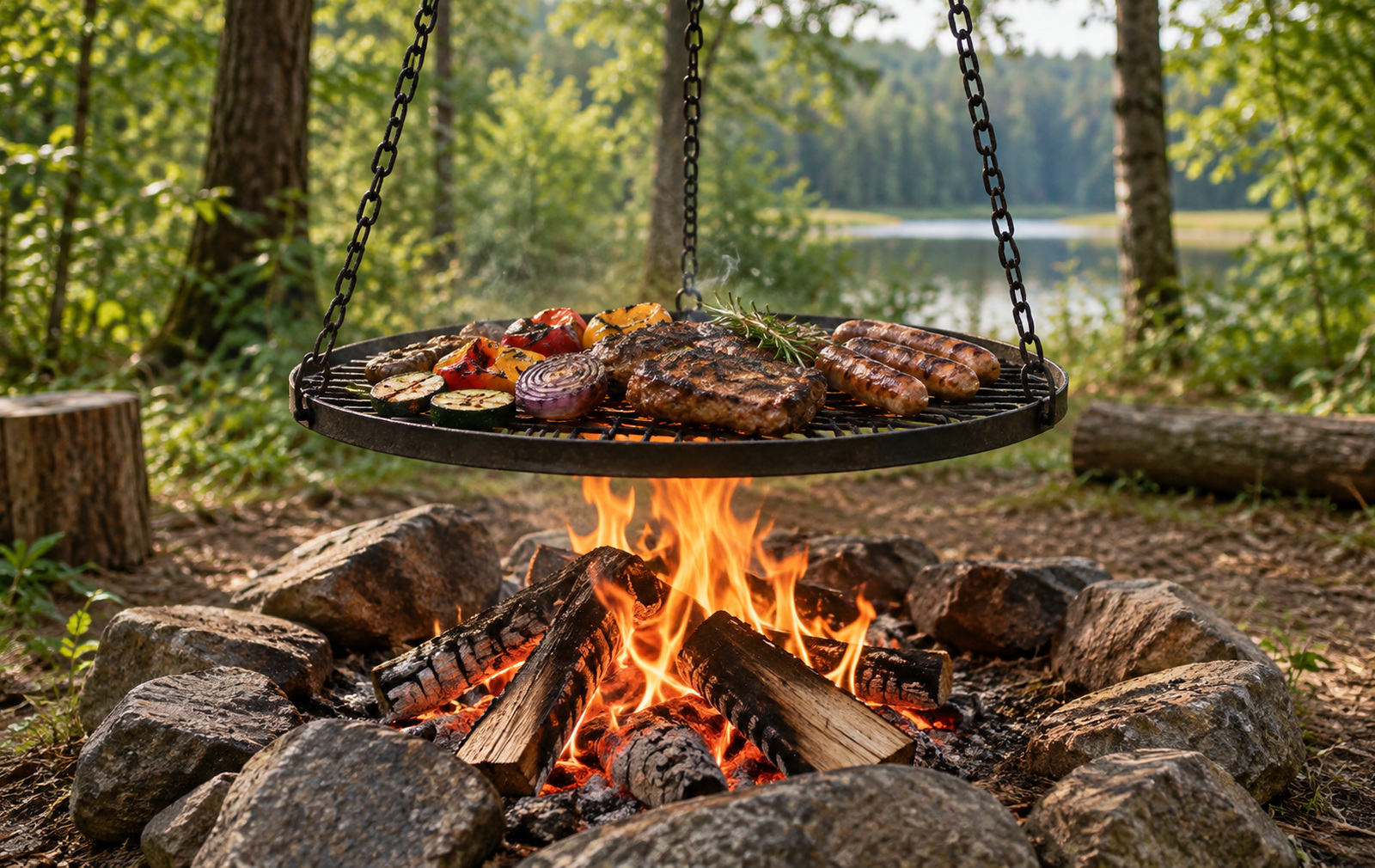 Suspended barbecue over a campfire
