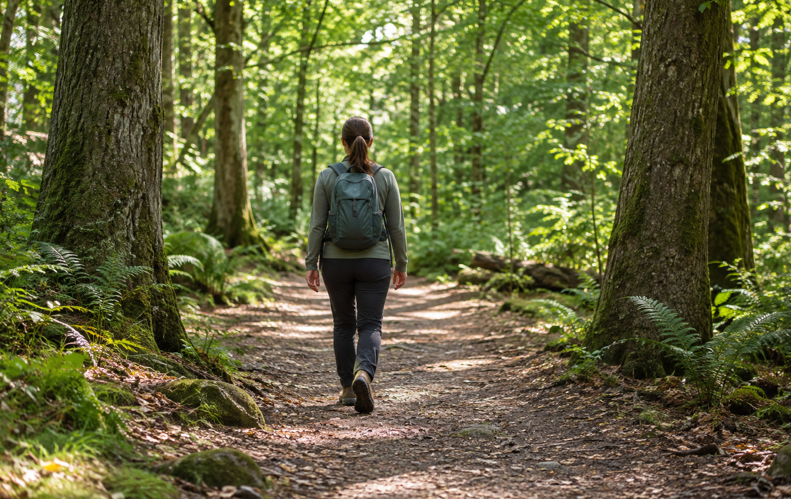 Backpack wearer walking in woodland