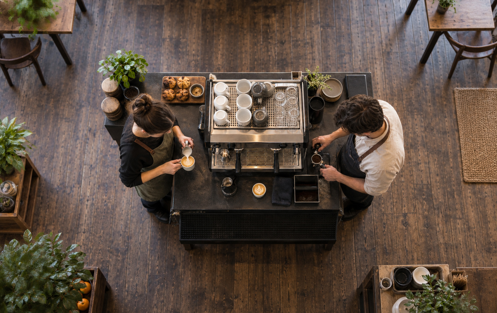 Cafe staff working around an espresso machine