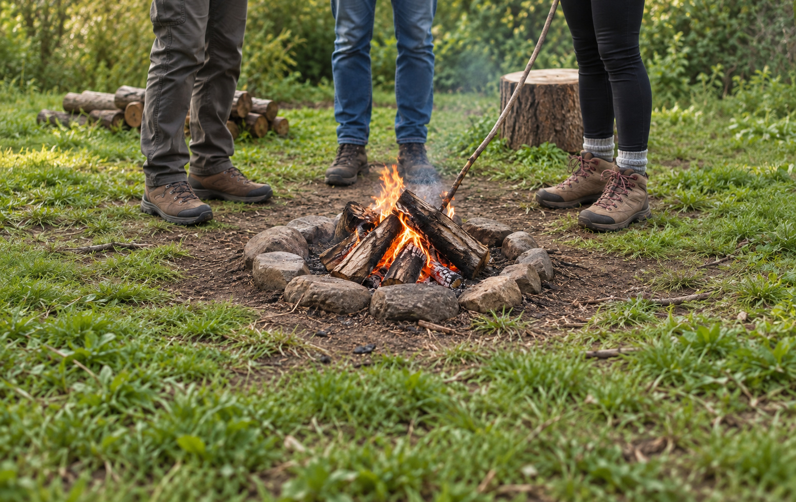 People tending an outdoor fire