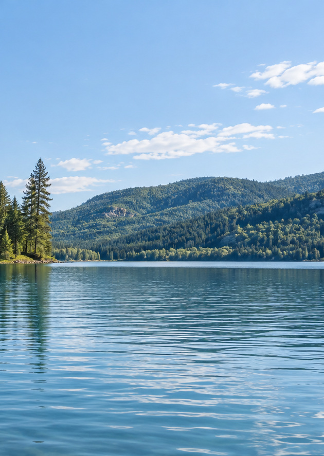 Open water and a wooded shore in Merefold Valley