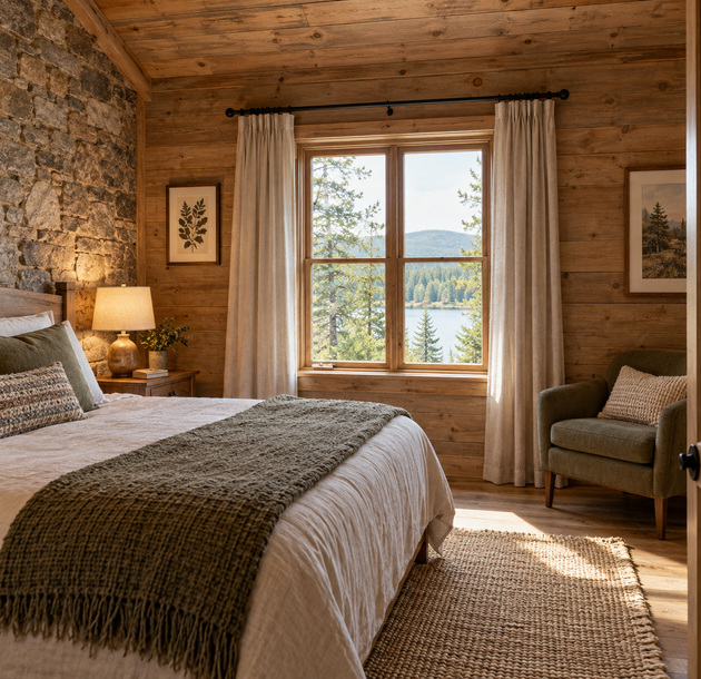 A timber-and-stone cabin bedroom with a double bed and a small seat