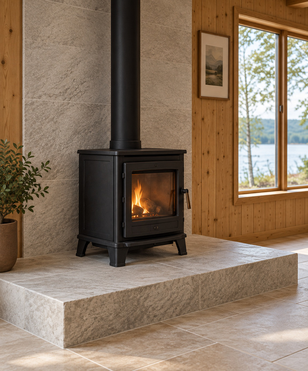 A closed wood stove on a raised stone hearth in the Alder Family cabin illustration