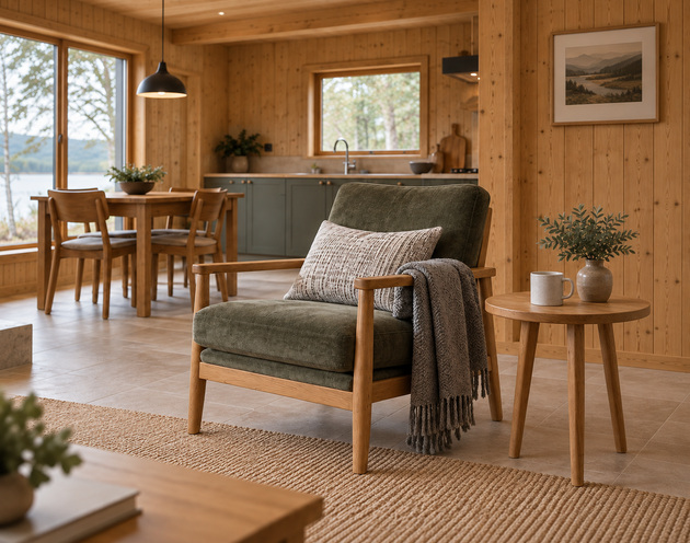 An olive-green armchair and round oak side table in a timber cabin