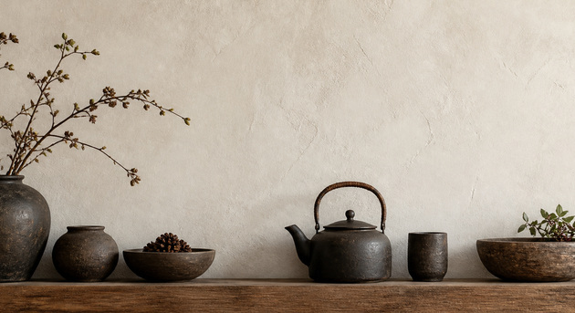 Kettle, rustic vessels and branches on a timber shelf