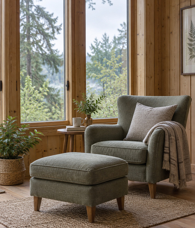 An armchair and footstool beside tall timber-framed cabin windows