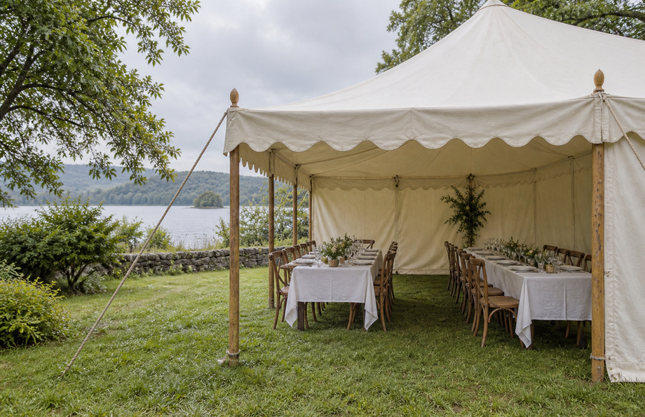 Set reception tables beneath an ivory canvas marquee beside the lake