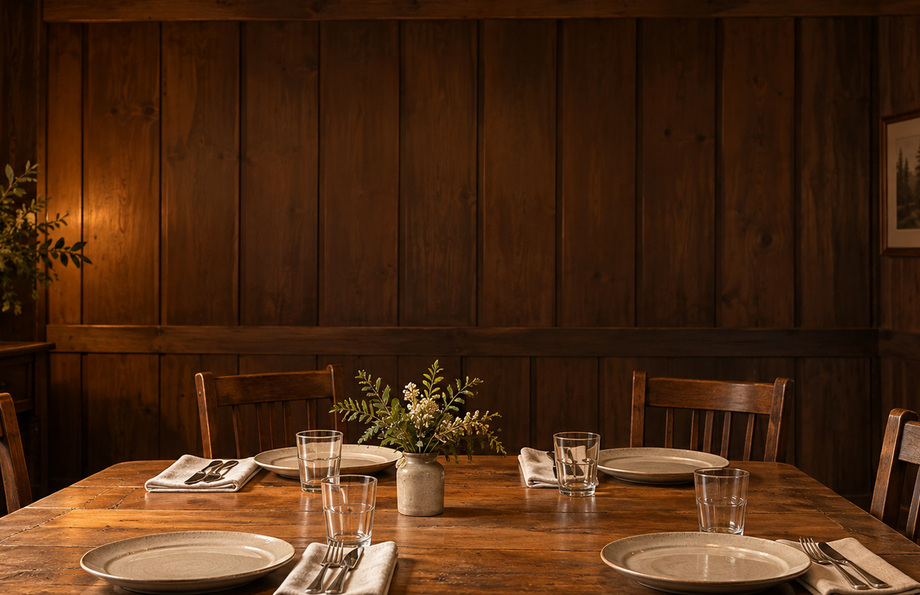 A set table in the timber-lined lodge dining room