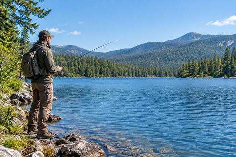 Angler beside a blue forest lake