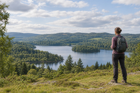 Walker looking across wooded hills and a lake
