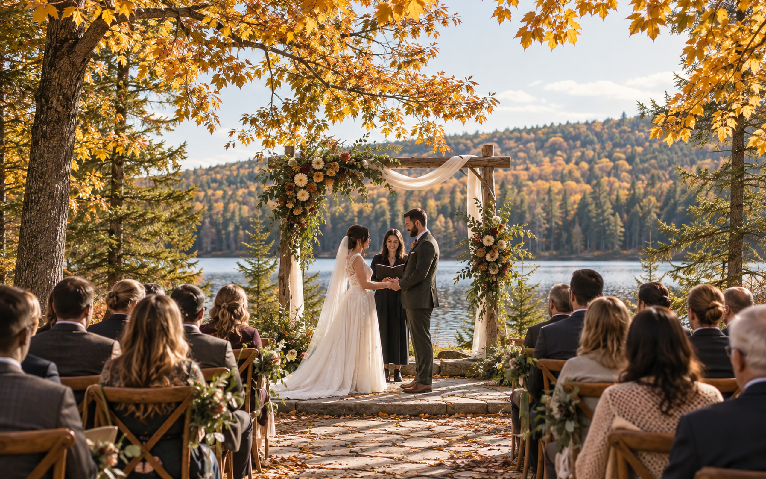 Outdoor wedding ceremony under autumn trees