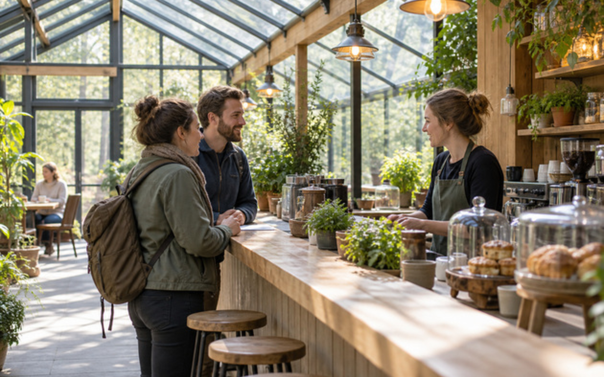 Visitors talking with a host at the lodge cafe counter