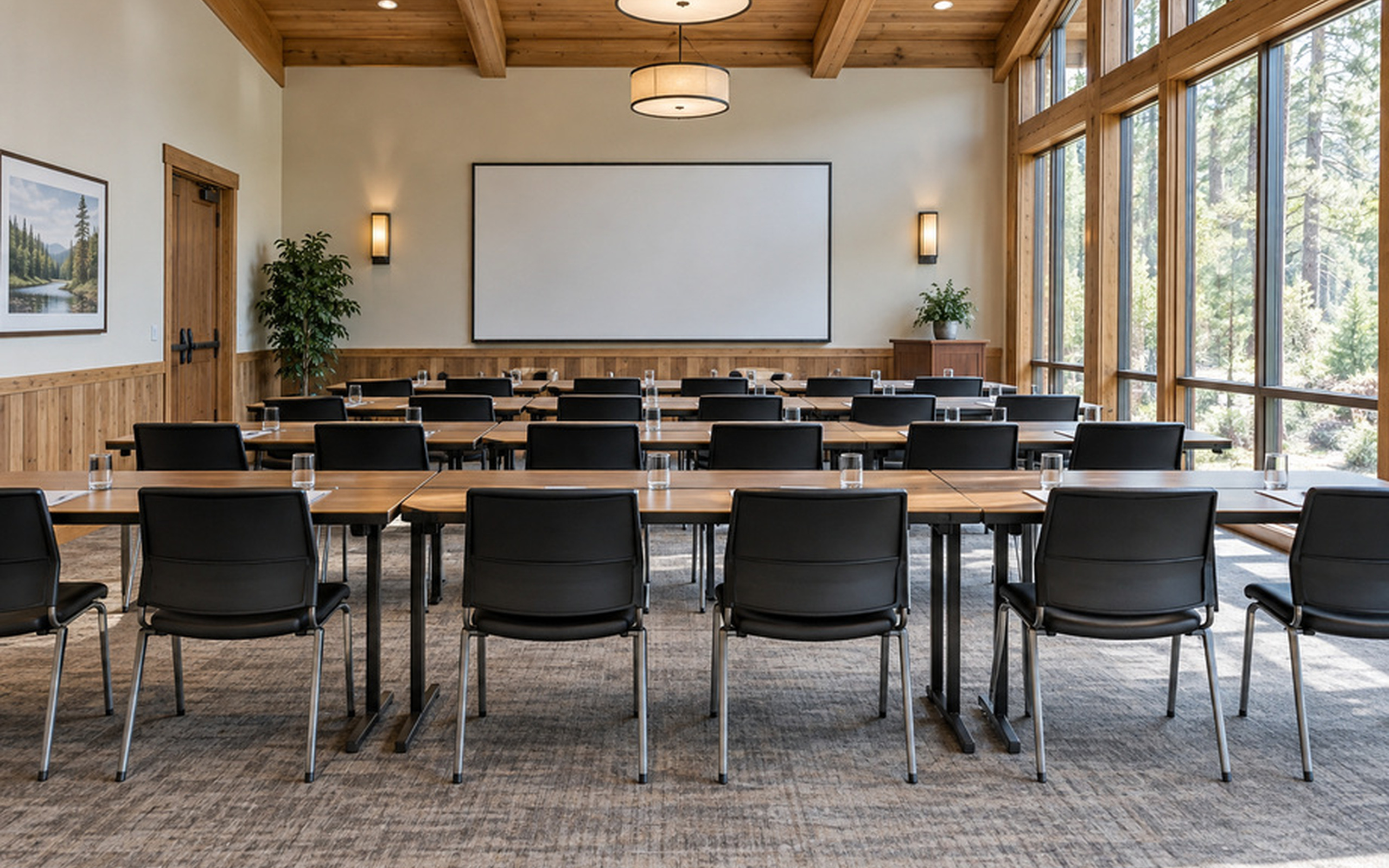 A bright timber gathering room arranged with tables
